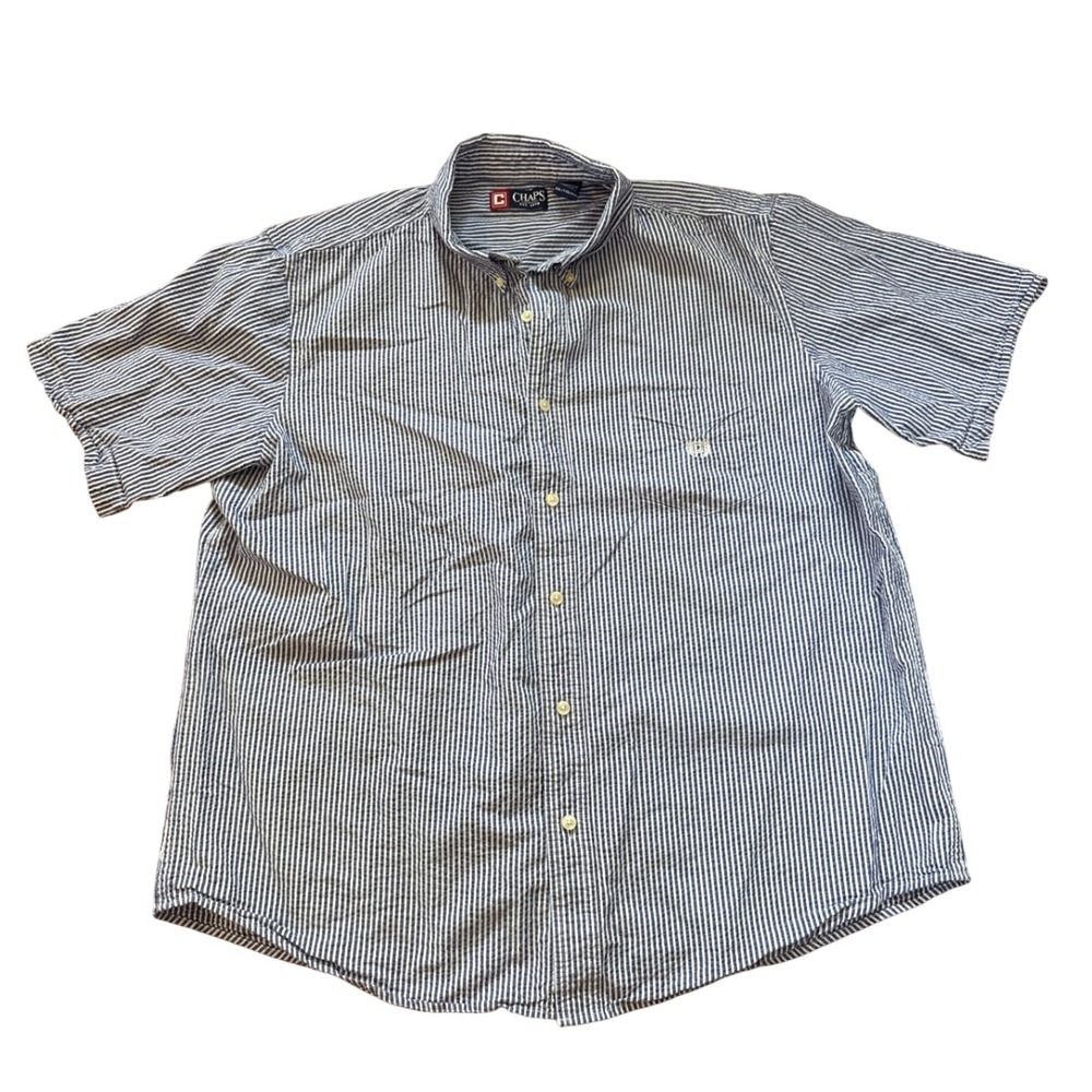 Chaps Button Down Shirt Mens Blue White Striped Seersucker Short Sleeve SIZE XXL